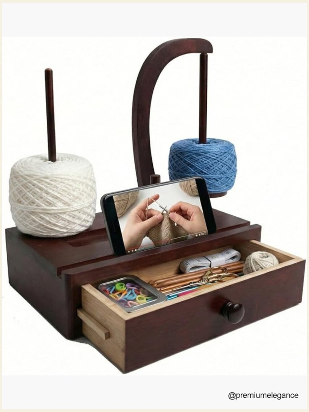 Large Wooden Yarn Holder with Magnetic Rotating Base & Storage Drawer